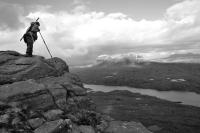 Assynt. Deer stalking. Looking for stags. Landscape. Black and white