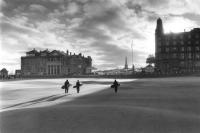 Old Course St Andrews. Clubhouse and players. Black and white