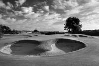 Carnoustie Golf Course, 13th green and bunkers. Black and white