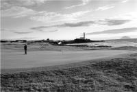 Turnberry golf course.11th green. Ailsa Craig and Lighthouse. Black and white