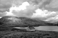 Loch Stack fishing bothy, landscape NW Sutherland. Black and white