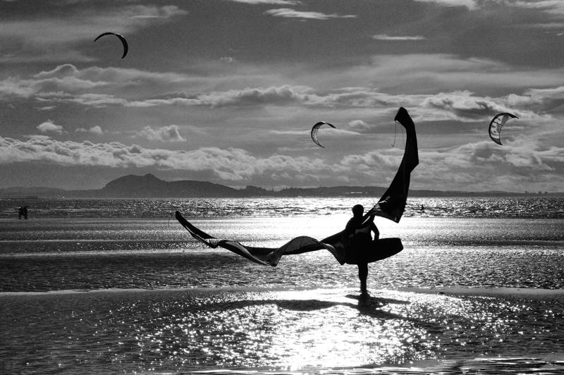 Longniddry East Lothian, beach. Kite-surfer. Evening. Black and white