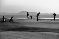 Craigielaw golf course, East Lothian, 13th Green. Arthurs Seat. Black and white