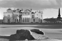 R&A Clubhouse, Old Course, St Andrews. Swilken Bridge. Black and white
