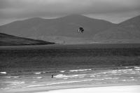 Harris seascape. Lone kite-surfer. Black and white print.
